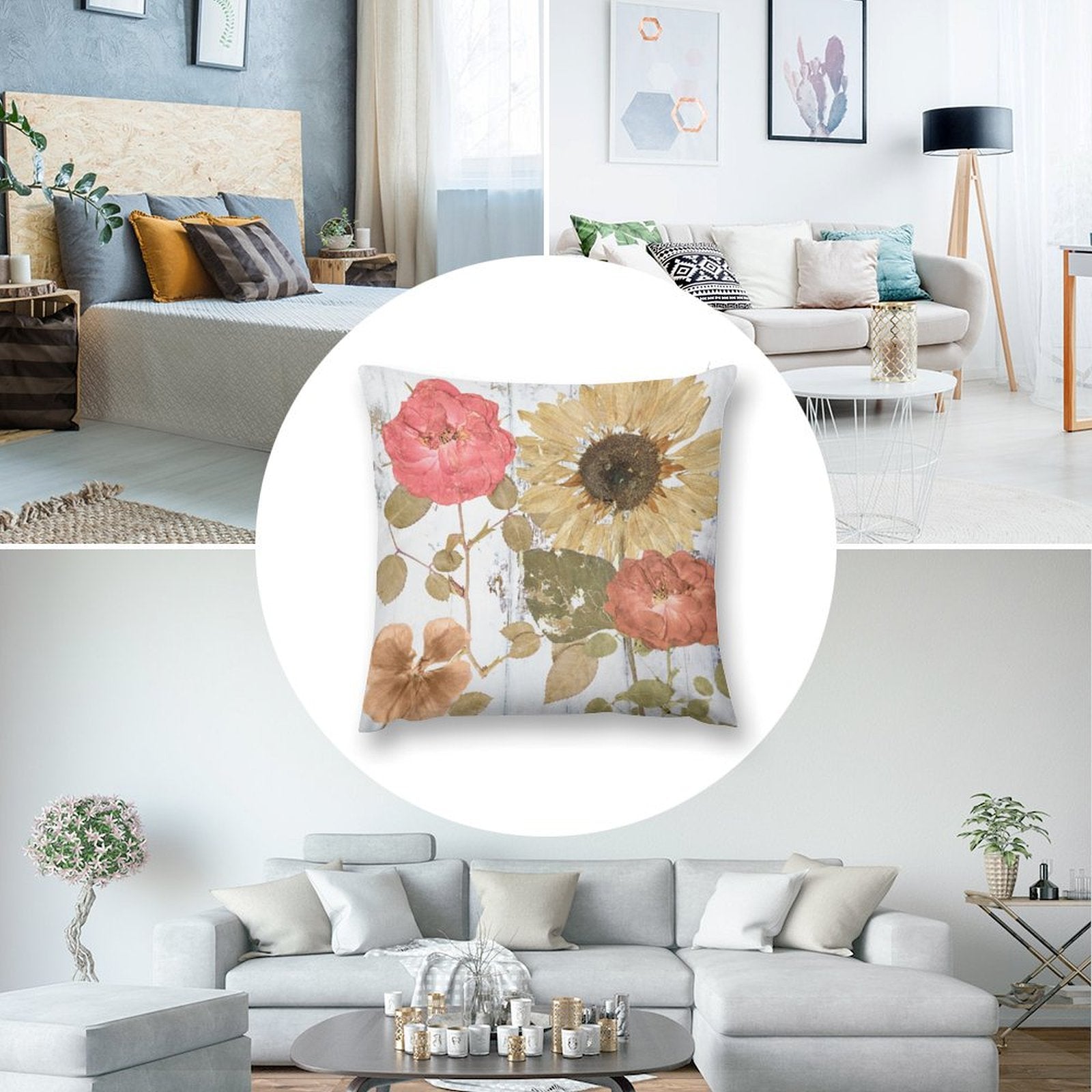 Plush throw pillow cover with floral rose and sunflower print, perfect for sofa and couch, home decor.
