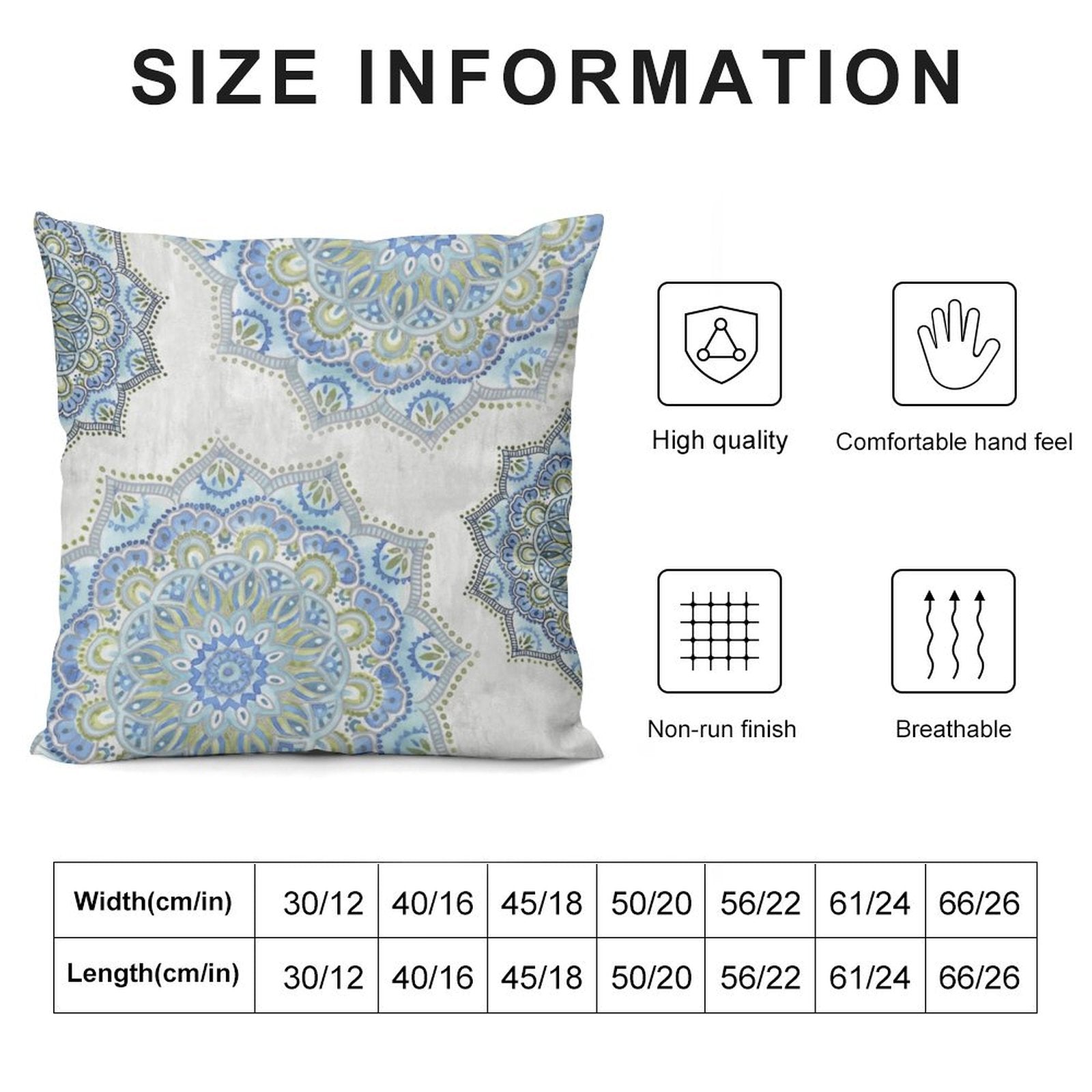 Blue and green mandala plush throw pillow cover, showcasing high quality, comfort, and size options.