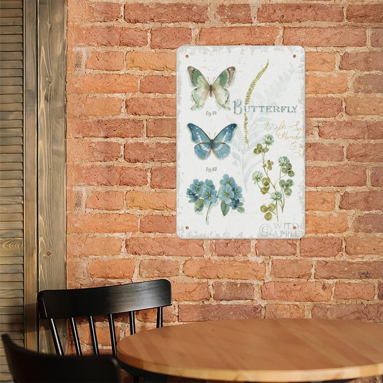 Metal tin sign with botanical butterfly design, perfect for home decor. Features butterflies and flowers. Made in USA.