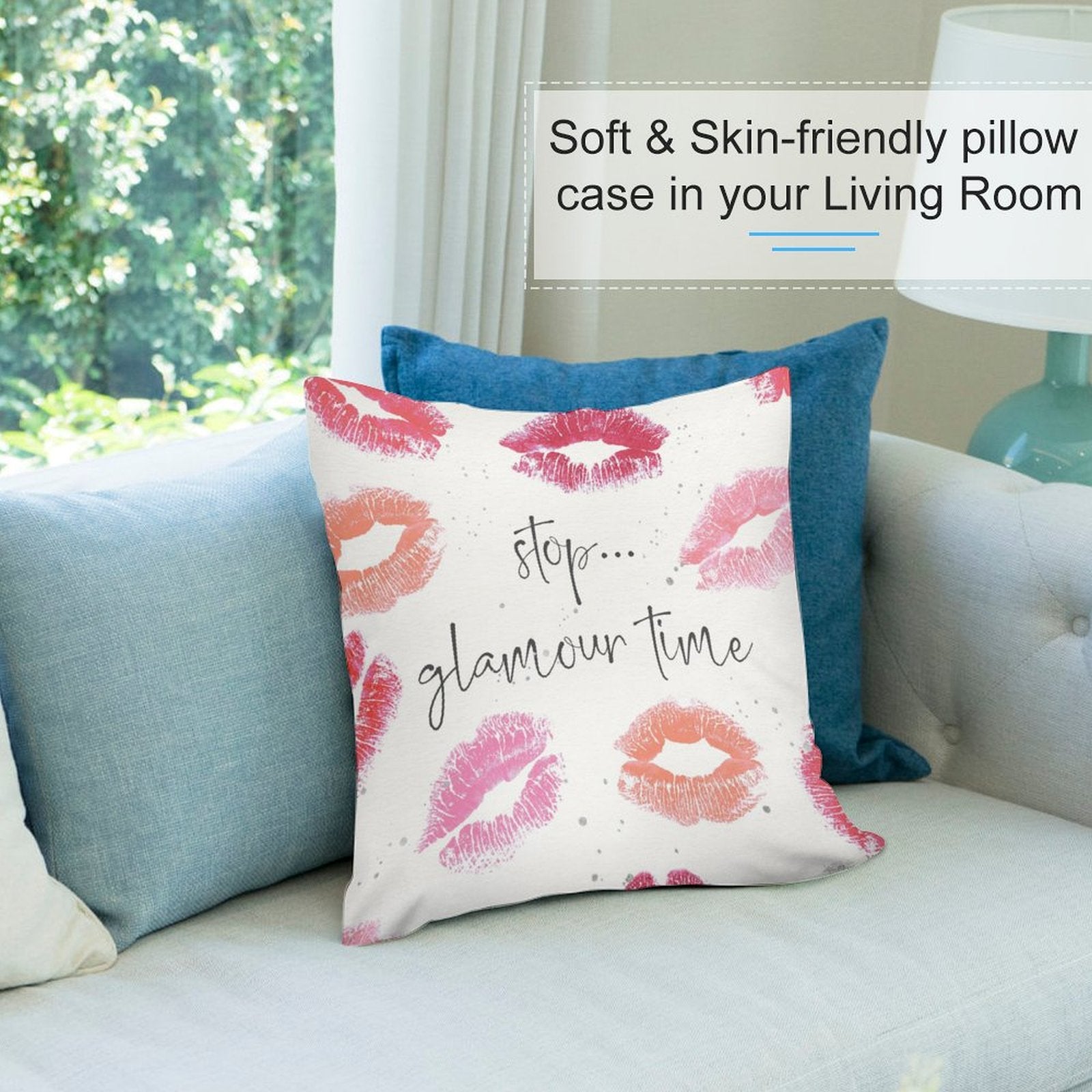 Plush pillow cover with lip prints, and the words 'stop... glamour time', perfect for living room decor