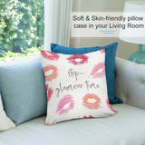 Plush pillow cover with kiss imprints and 'stop... glamour time' text, perfect for sofa