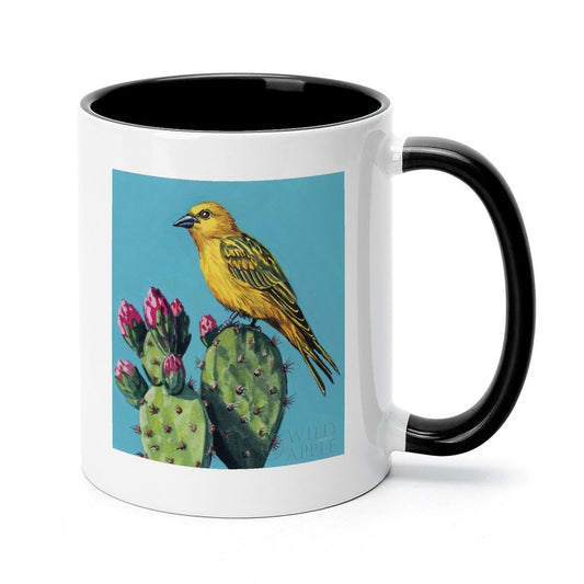 Personalized white ceramic mug, featuring a yellow bird and cactus design with a black handle and interior, perfect gift.