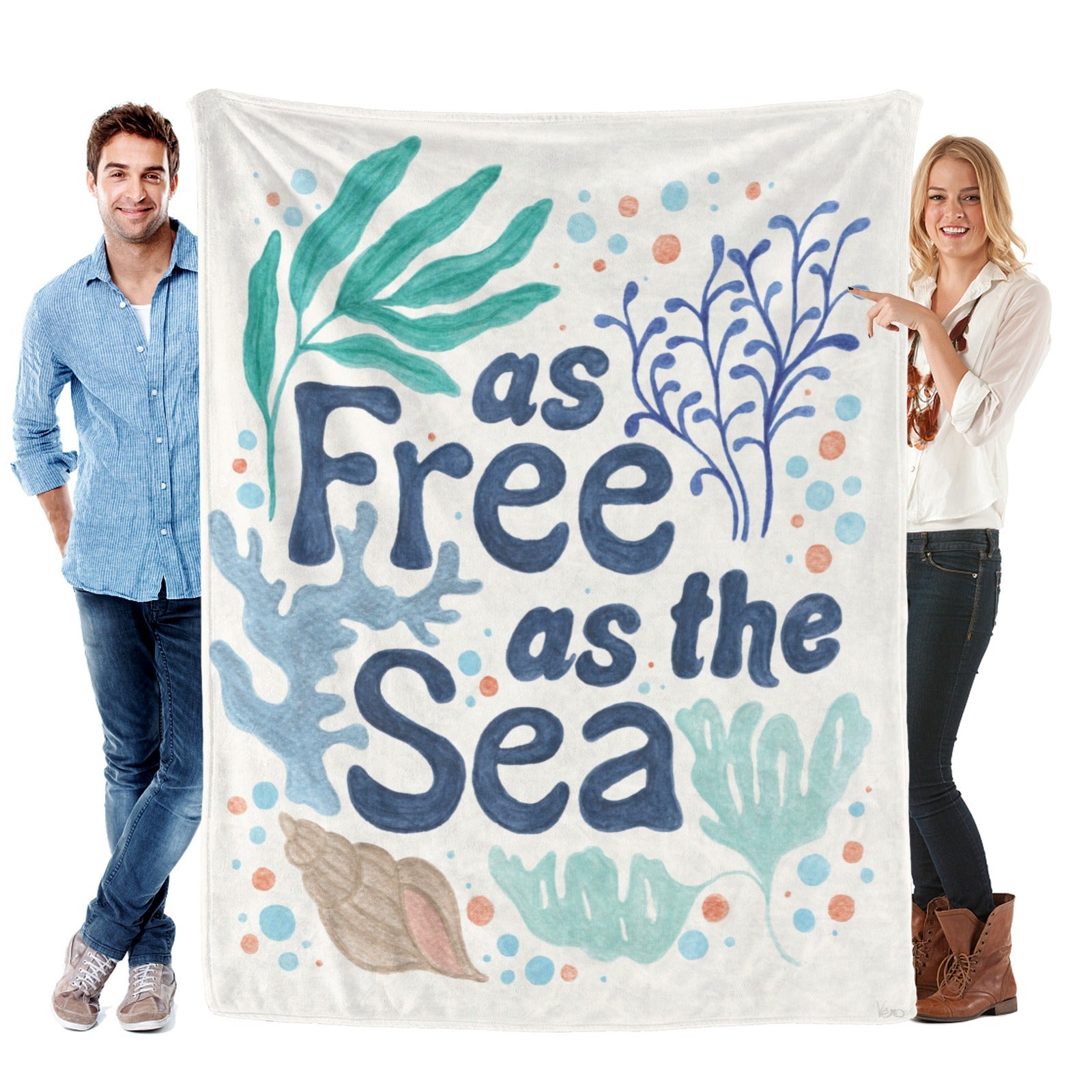 Coastal Currents V Flannel Blanket with "as Free as the Sea" design. Soft, cozy, and made in the USA.