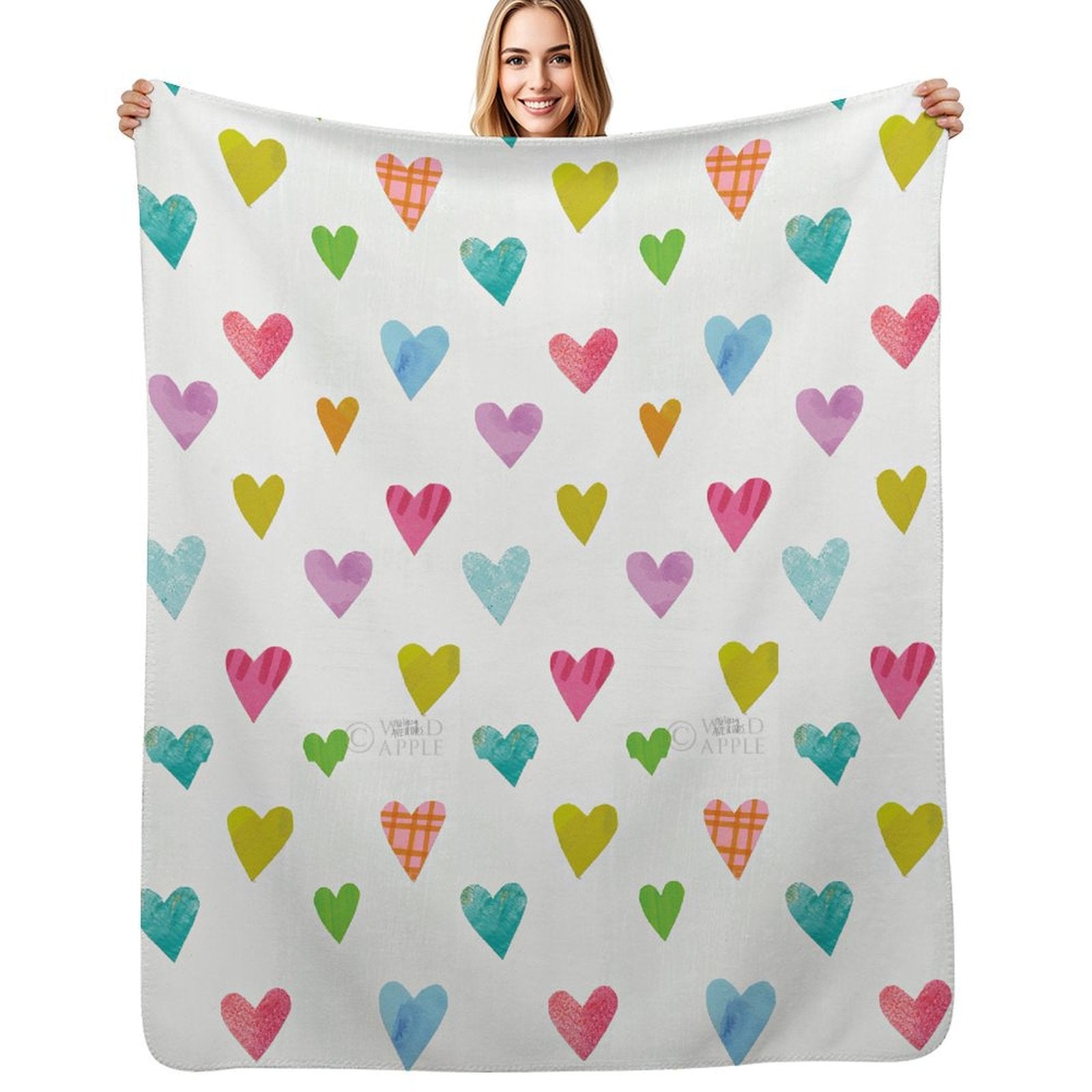 Colorful heart-patterned lamb wool fleece blanket, ideal for bed, sofa, and travel, by Wild Apple, MyArtsyGift