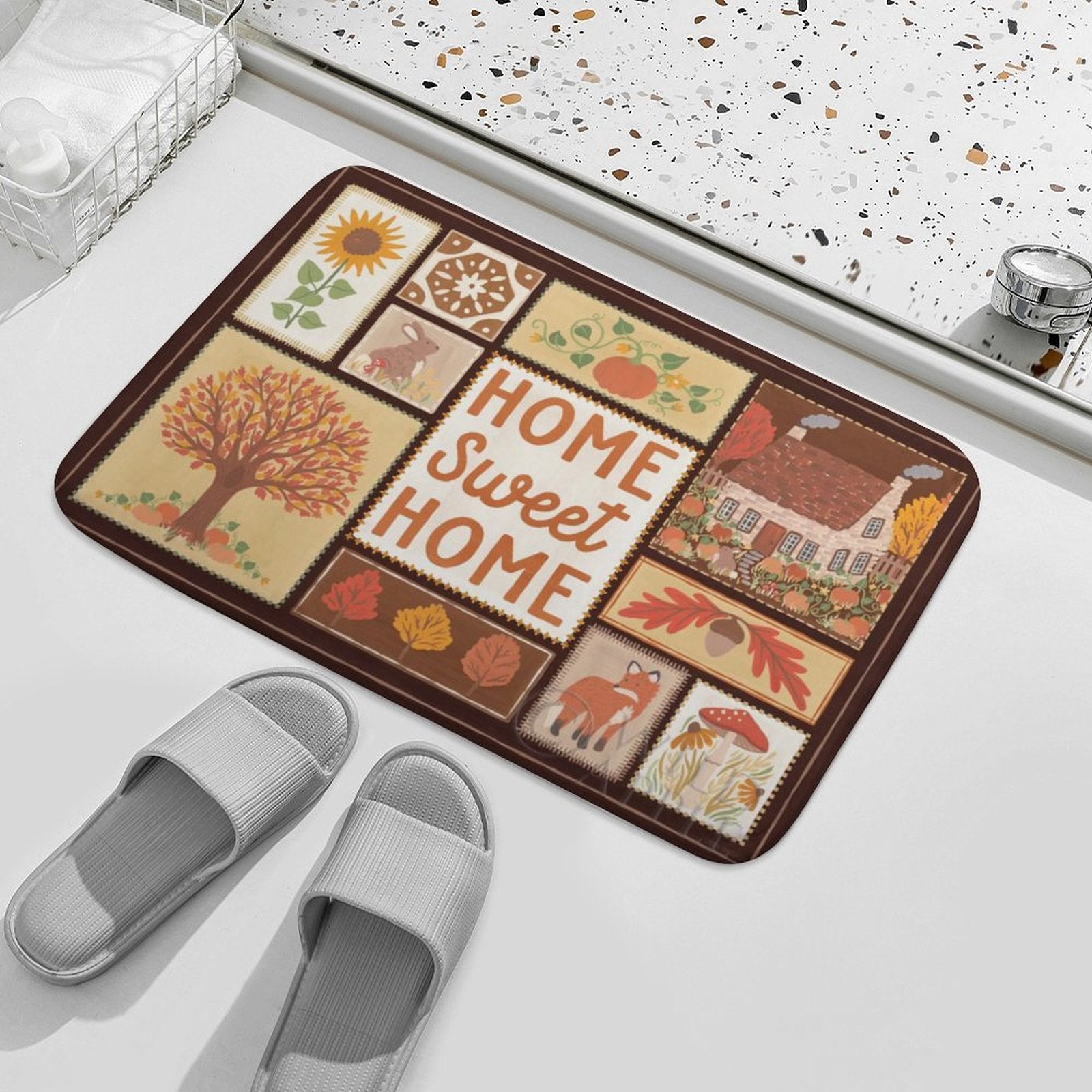 Coral velvet bath rug with 'Home Sweet Home' design and autumn theme, non-slip bathroom rug