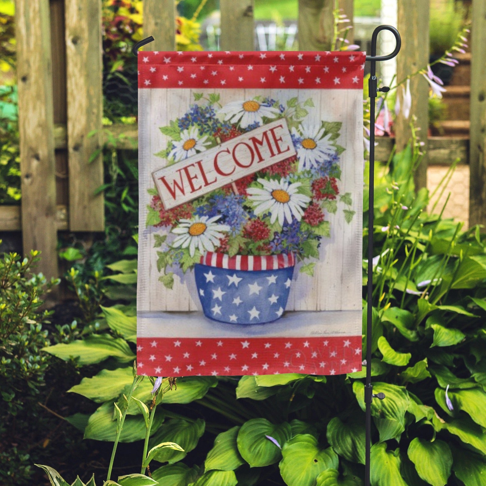 Welcome garden flag, double-sided, with floral arrangement in USA-themed pot, Made in USA.