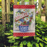 Welcome garden flag, double-sided, with floral arrangement in USA-themed pot, Made in USA.