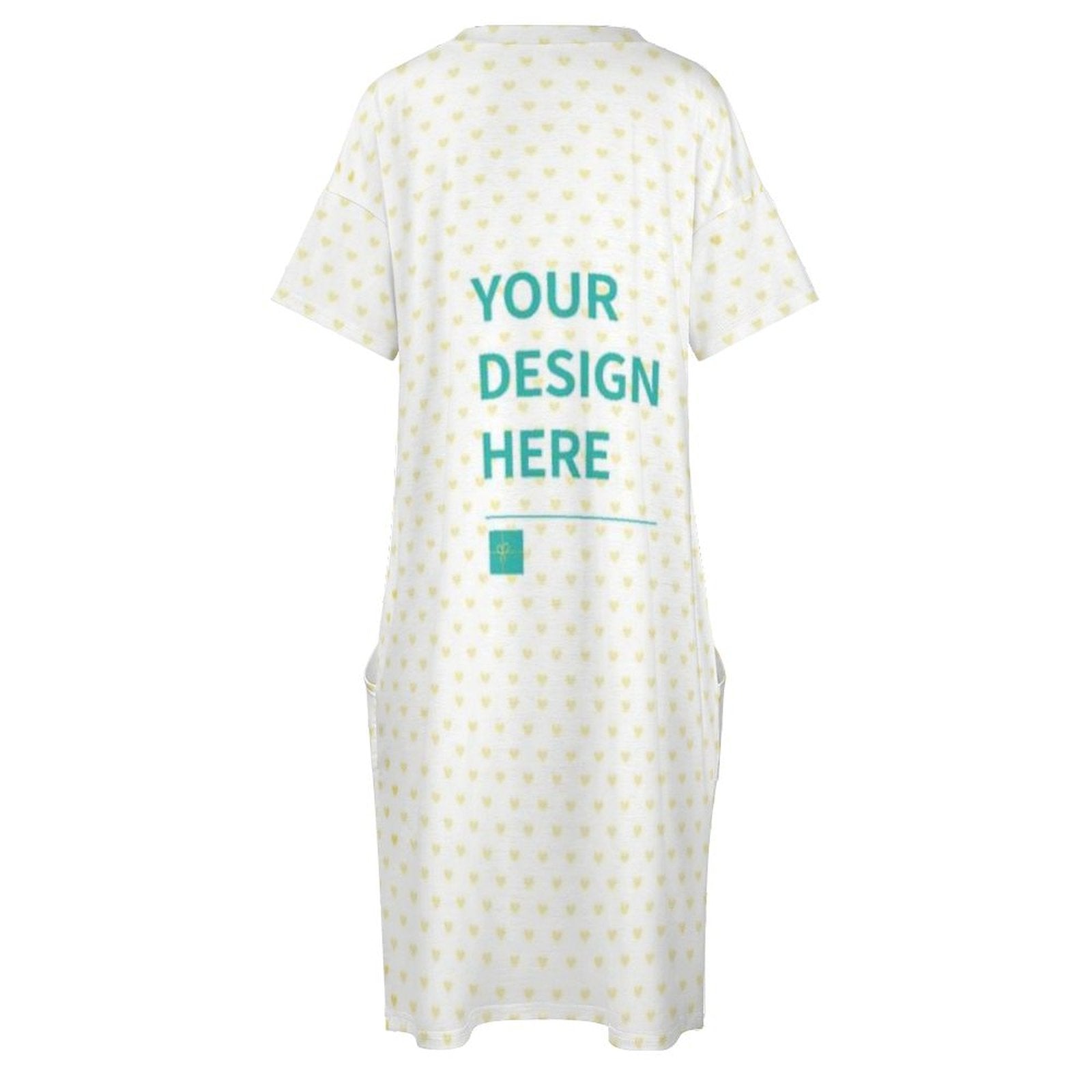 Customizable white summer dress with pockets, heart pattern, and 'YOUR DESIGN HERE' text.