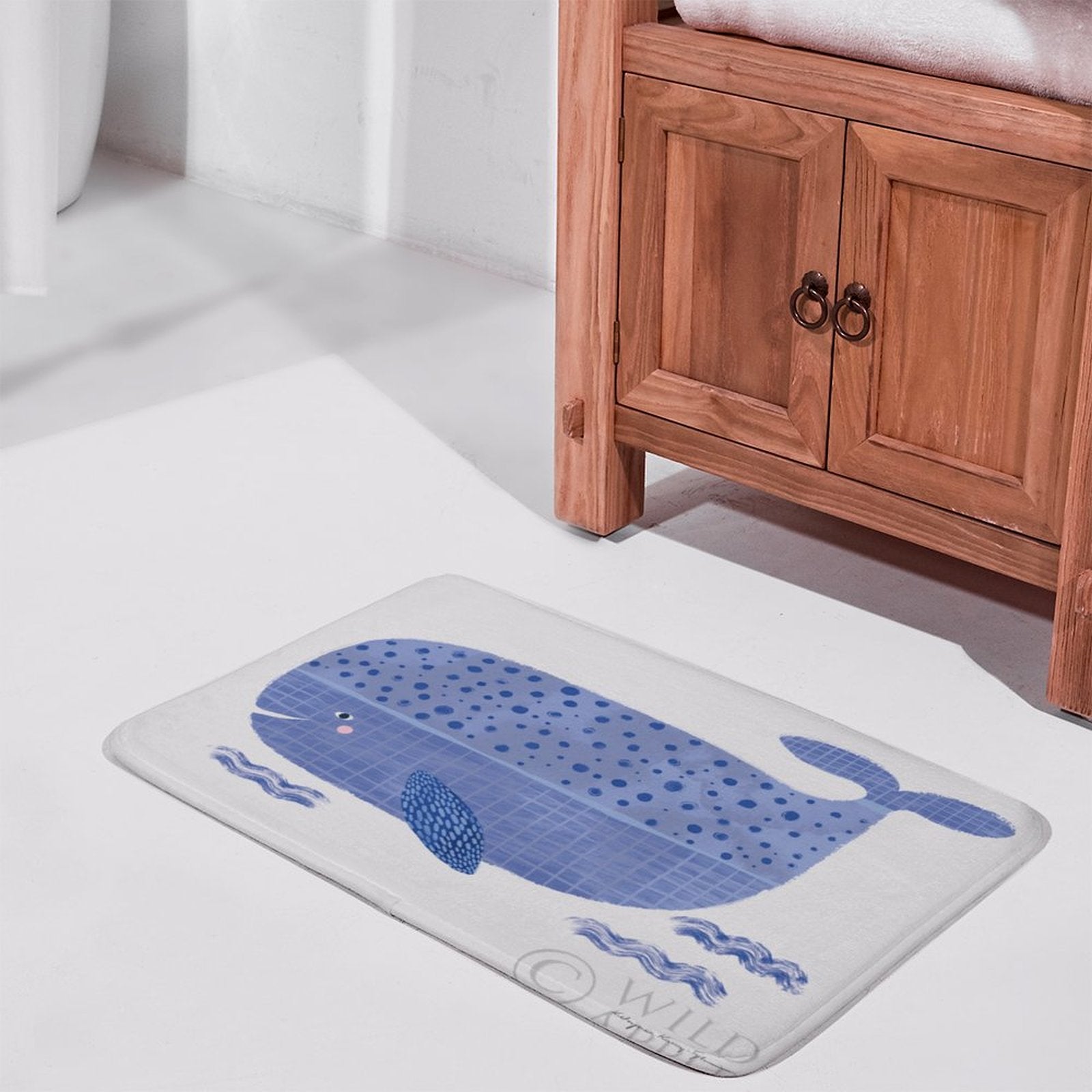 Coral velvet bathroom rug with blue whale illustration, non-slip bath mat for bathroom
