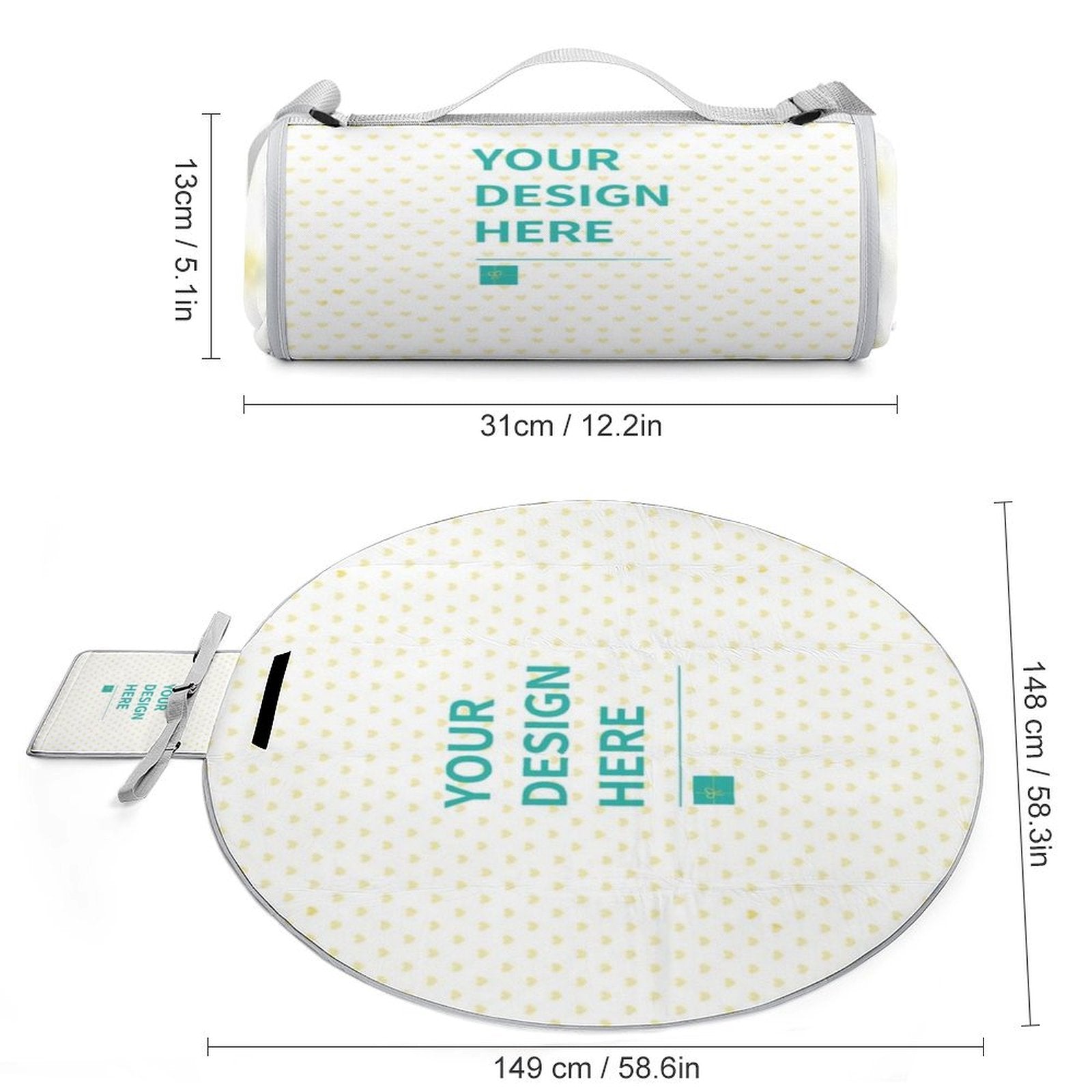 Personalized picnic blanket, waterproof and foldable, with customizable design for outdoor use, text 'YOUR DESIGN HERE'.