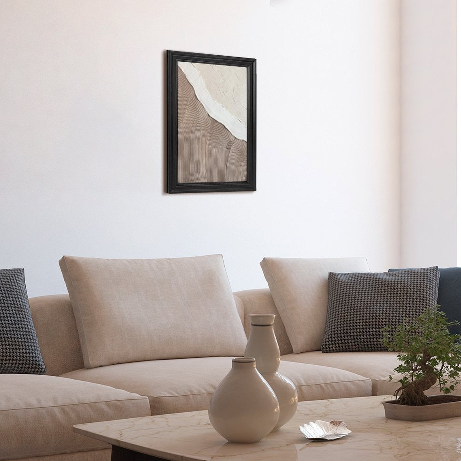 Abstract textured canvas print with black frame, beige, white wall art, home decor, perfect home gift
