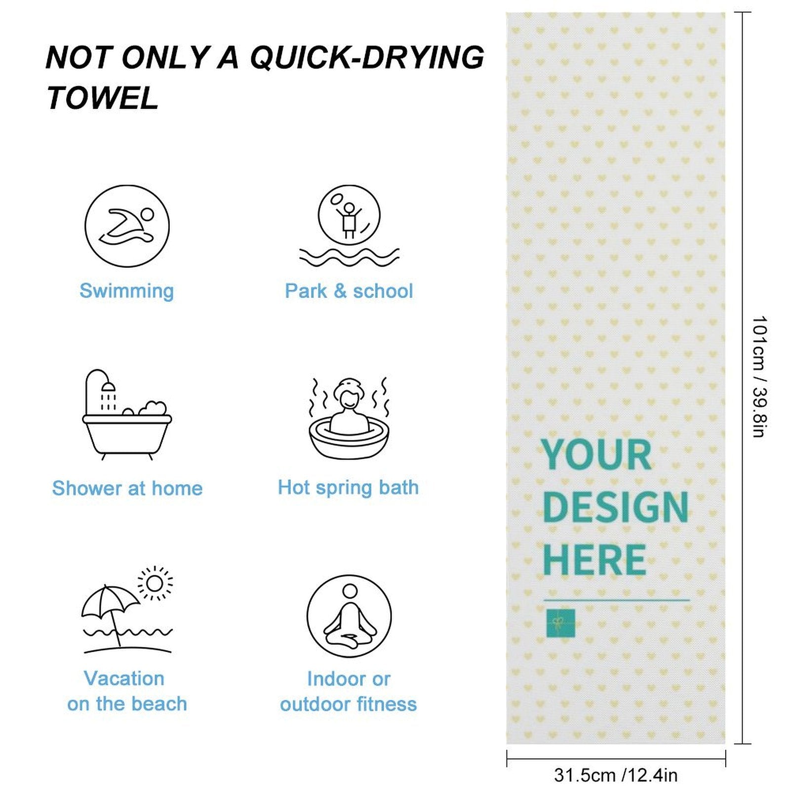 Custom quick dry towel for swimming, travel, fitness. Features your design on fast-drying material. Perfect gift!