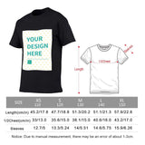 Personalized kids' black t-shirt with customizable design space, featuring a size chart with detailed measurements.