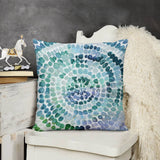 Abstract plush throw pillow cover with spiral dot design in blue and green, for sofa or couch.