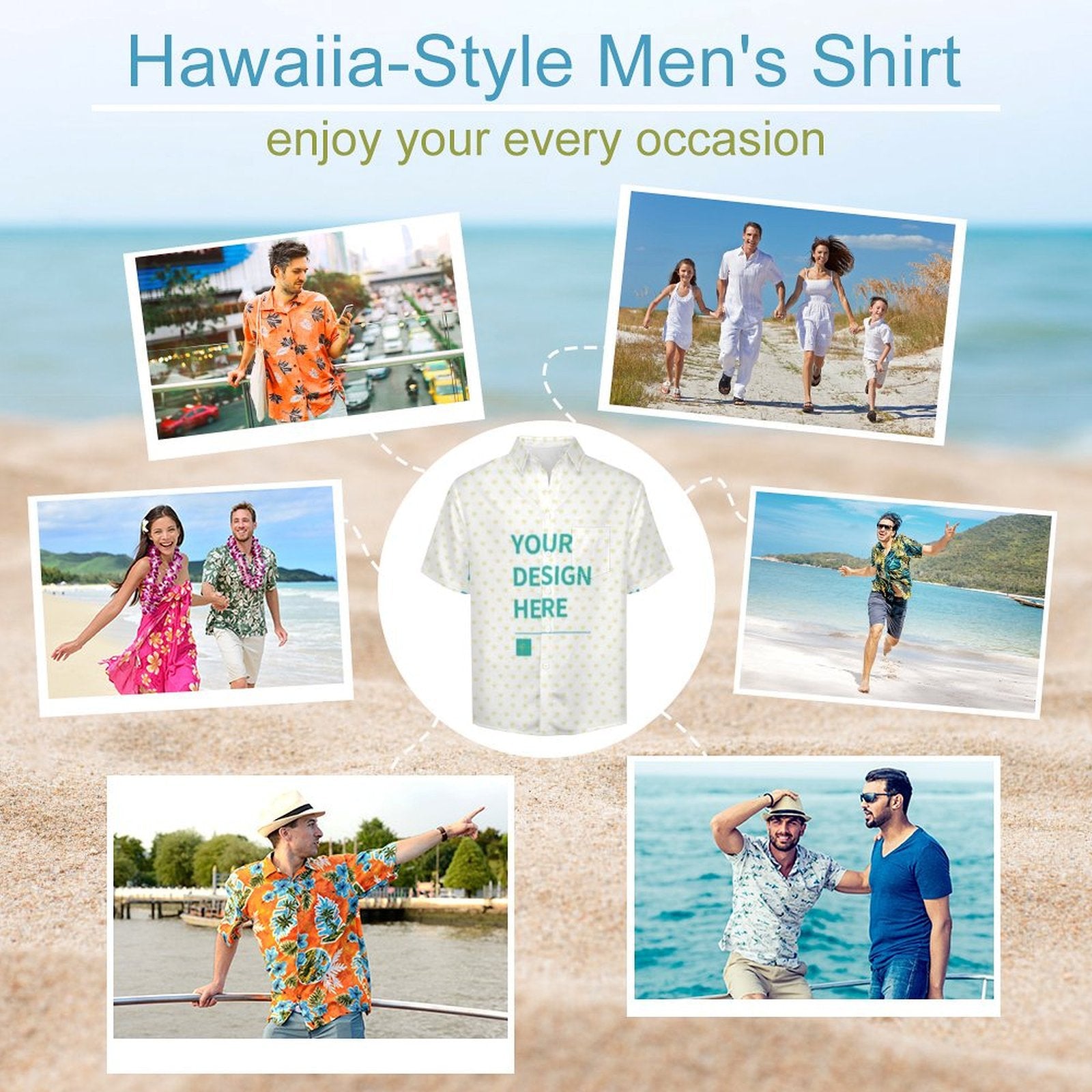 Customizable Hawaiian-style men's short sleeve shirt with YOUR DESIGN HERE text, perfect for any occasion.