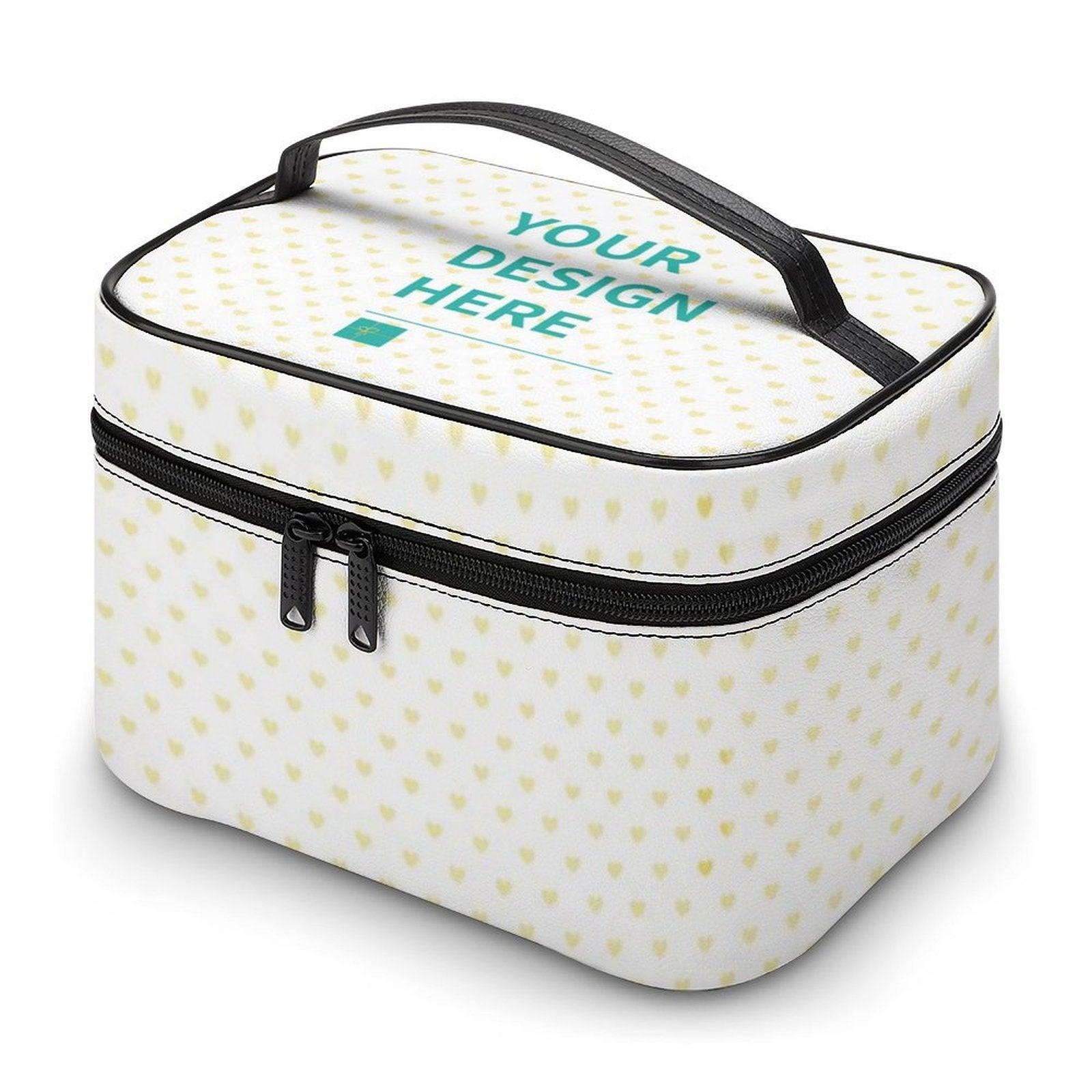 Personalized lychee pattern makeup bag with 'YOUR DESIGN HERE' text, travel cosmetic organizer