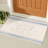 Sweet Entrance Doormat, Home Sweet Home text, cream and blue striped rubber floor mat