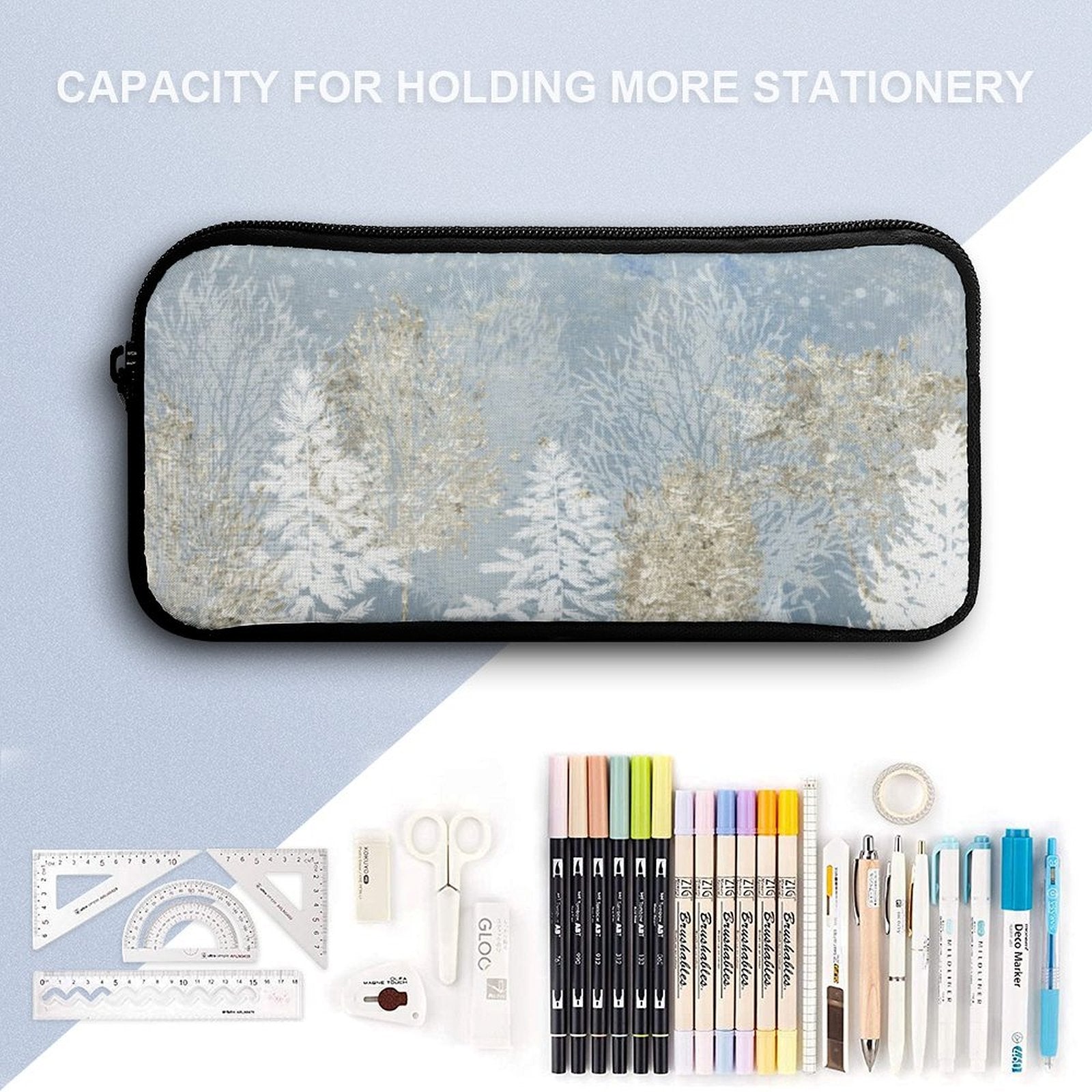 Large capacity pencil case with winter forest design, with stationery items, perfect for office and school use