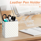 Leather pen holder with heart pattern, a desk organizer for pens, pencils, and other office supplies. JR SIGN HERE