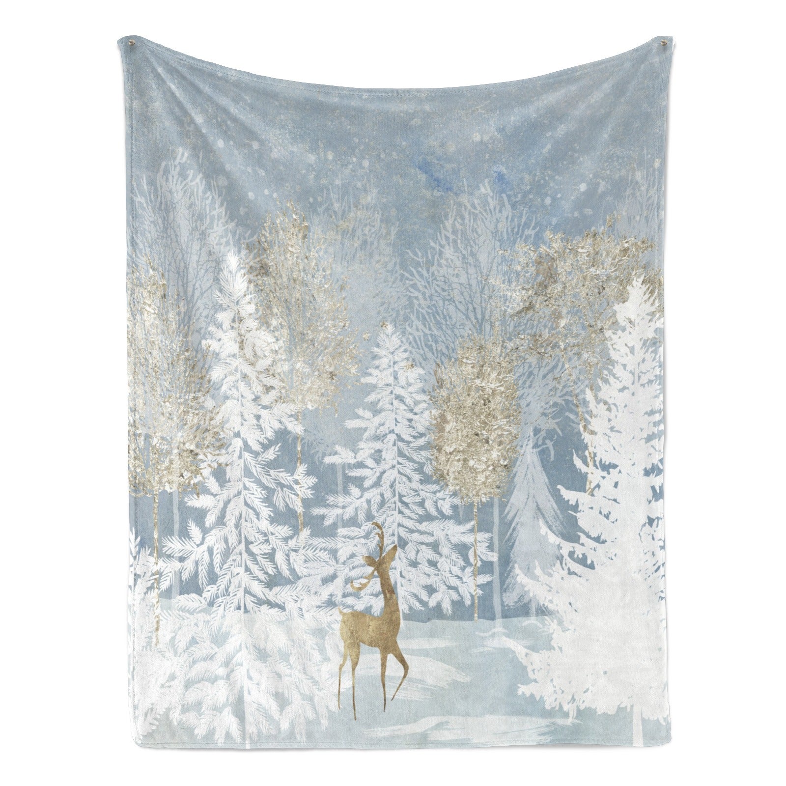 Blue winter forest flannel blanket with a deer in a snowy landscape, for sofa and bed.