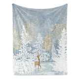 Blue winter forest flannel blanket with a deer in a snowy landscape, for sofa and bed.