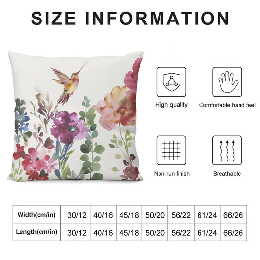 Floral plush pillow cover with hummingbird, high-quality, comfortable and breathable. Size chart included.