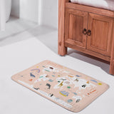 World map bath rug with non-slip design for bathroom, featuring animals and landmarks, by MyArtsyGift