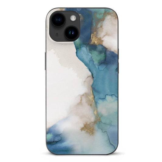 iPhone 15 case with blue, gold, and teal watercolor art design; shockproof TPU cover for women and men