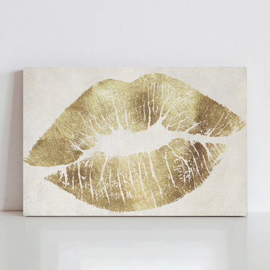 Hollywood Kiss Canvas Print, gold lipstick kiss, art for love