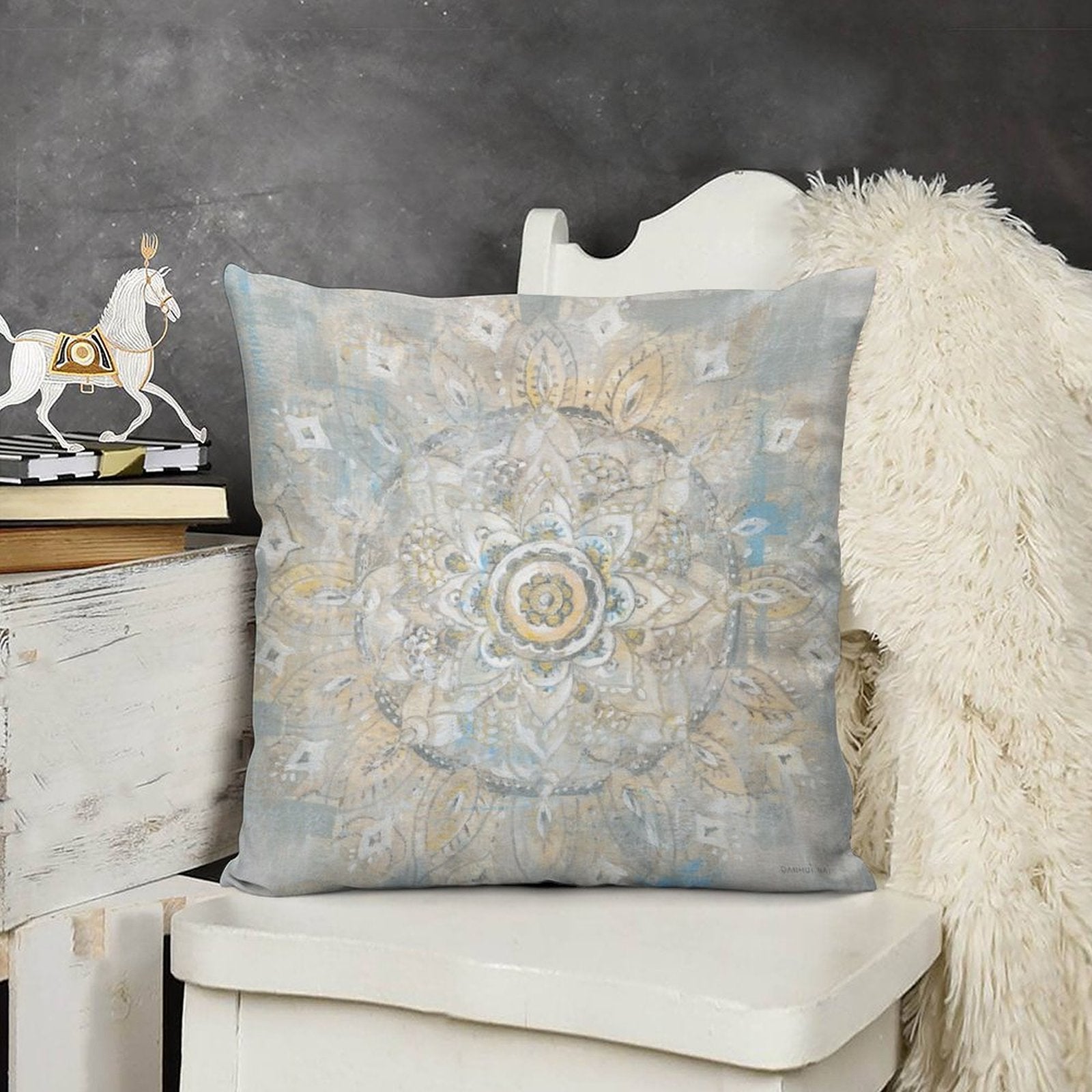 Gray mandala pillow cover with short plush fabric, perfect for sofa, couch, or living room decor from MyArtsyGift