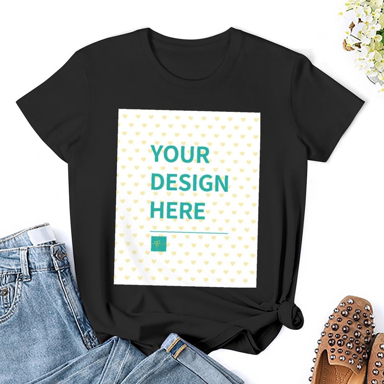 Custom women's black summer t-shirt with 'YOUR DESIGN HERE' design area, round neck, short sleeve