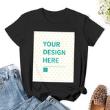 Customizable black women's summer T-shirt with 'YOUR DESIGN HERE' text, short sleeve round neck basic tee