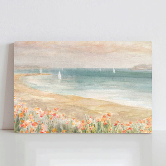 Around the Point III Canvas Print, Flowers and Sailboats Beach Art, Made in USA, home decor
