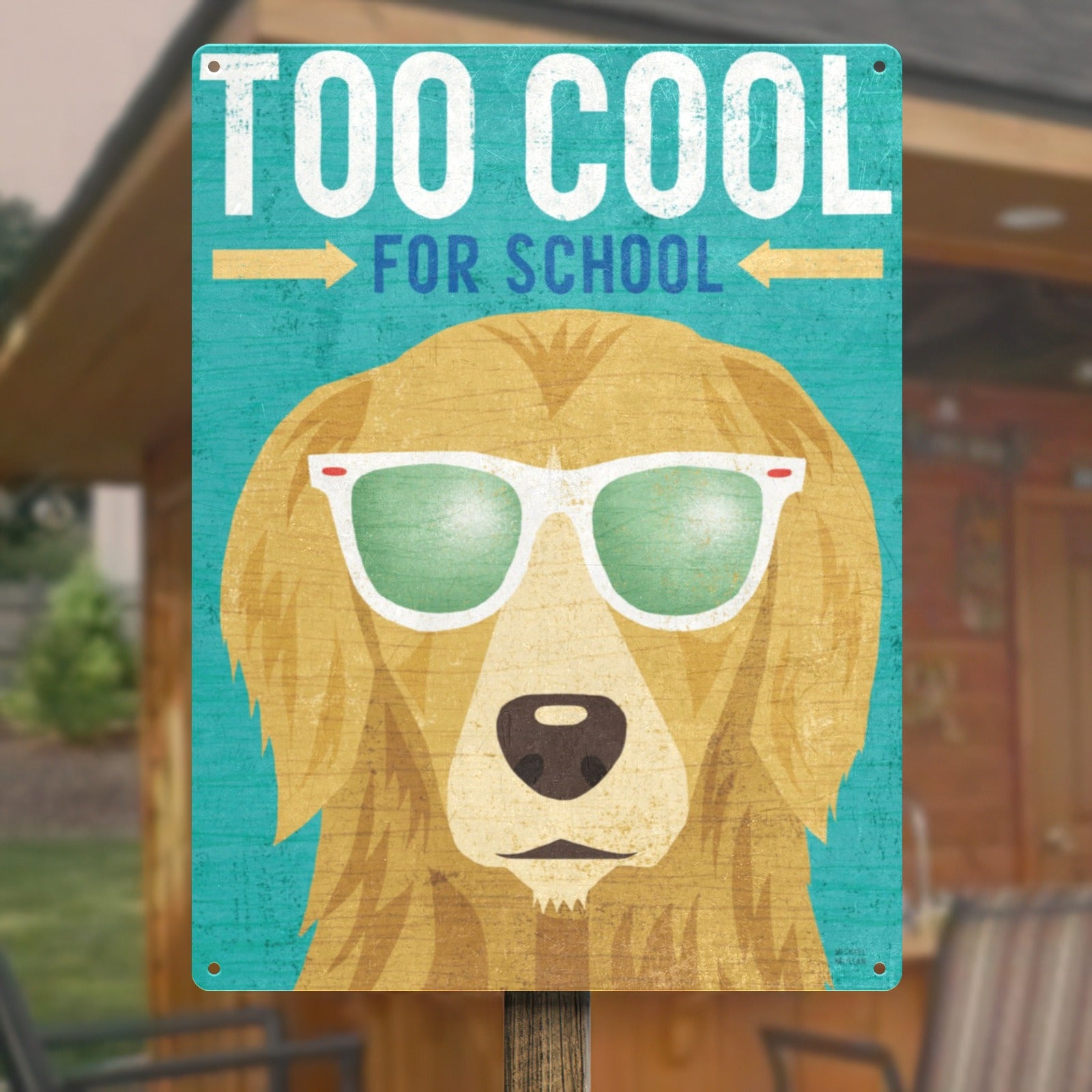 Vintage metal sign, Golden Retriever dog with sunglasses, "Too Cool For School" design, perfect for home decor.