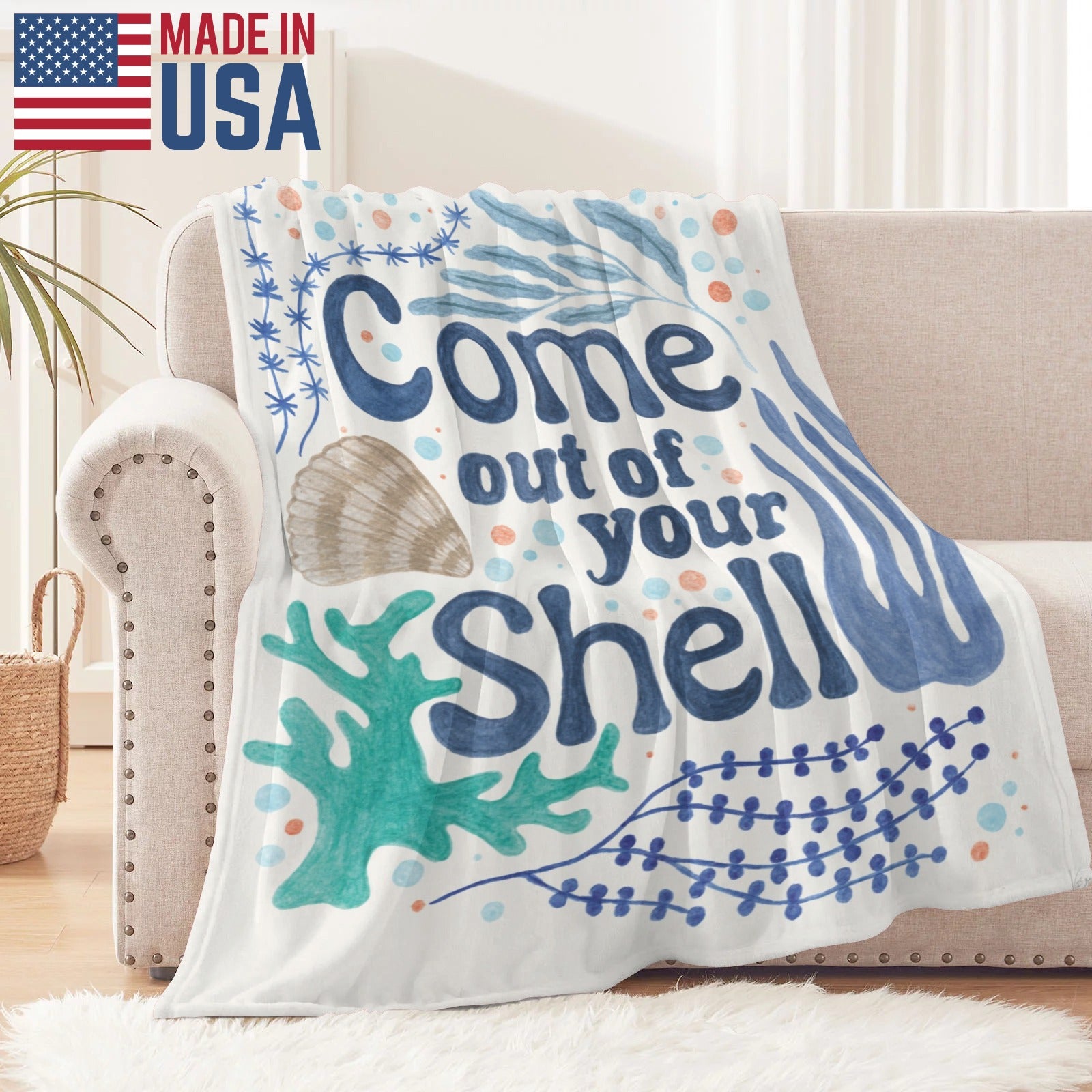 Coastal blue seashell flannel blanket with 'Come out of your Shell' quote, soft blanket made in USA