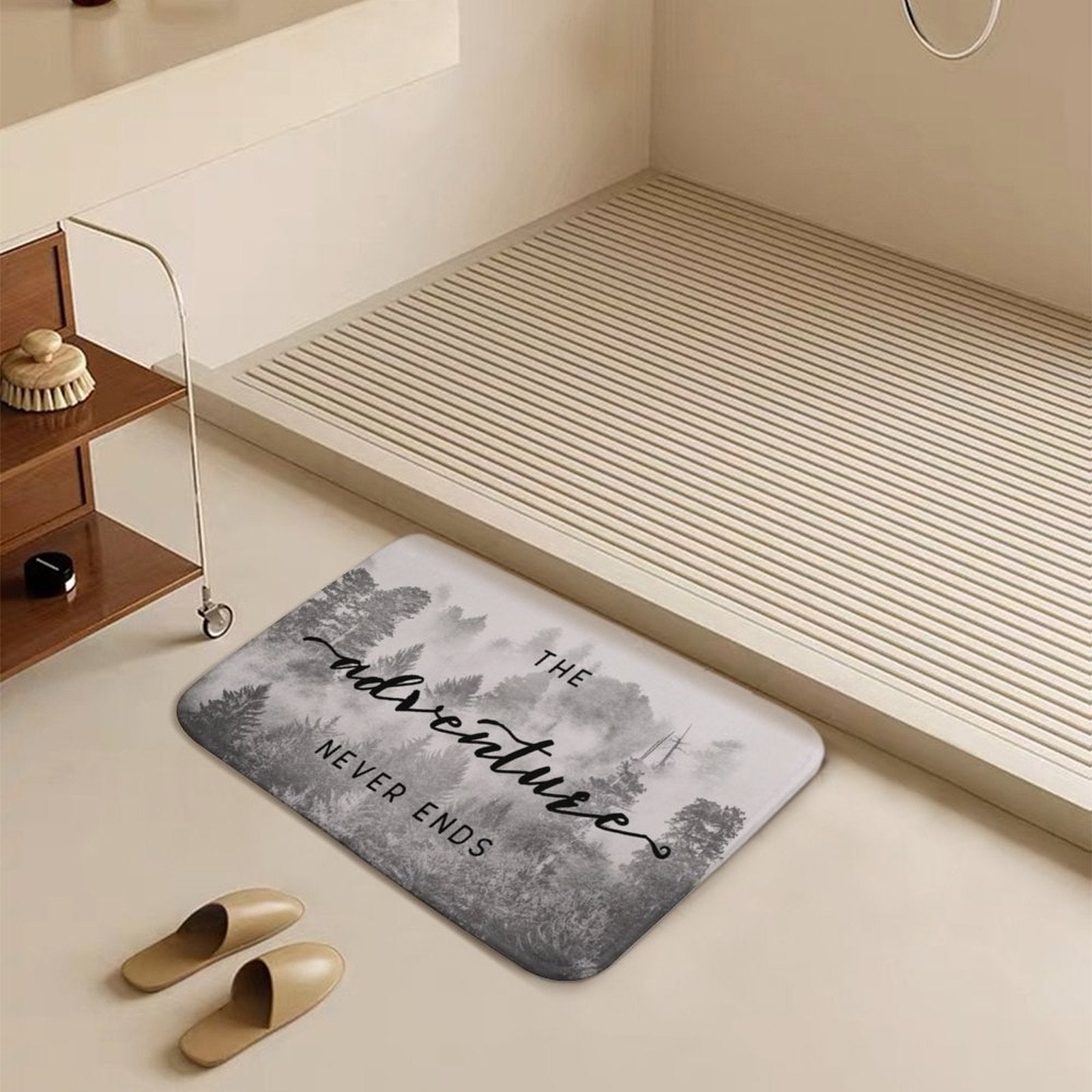 Coral velvet bath rug with misty forest design and adventure quote, bathroom accessory