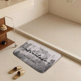 Coral velvet bath rug with misty forest design and adventure quote, bathroom accessory