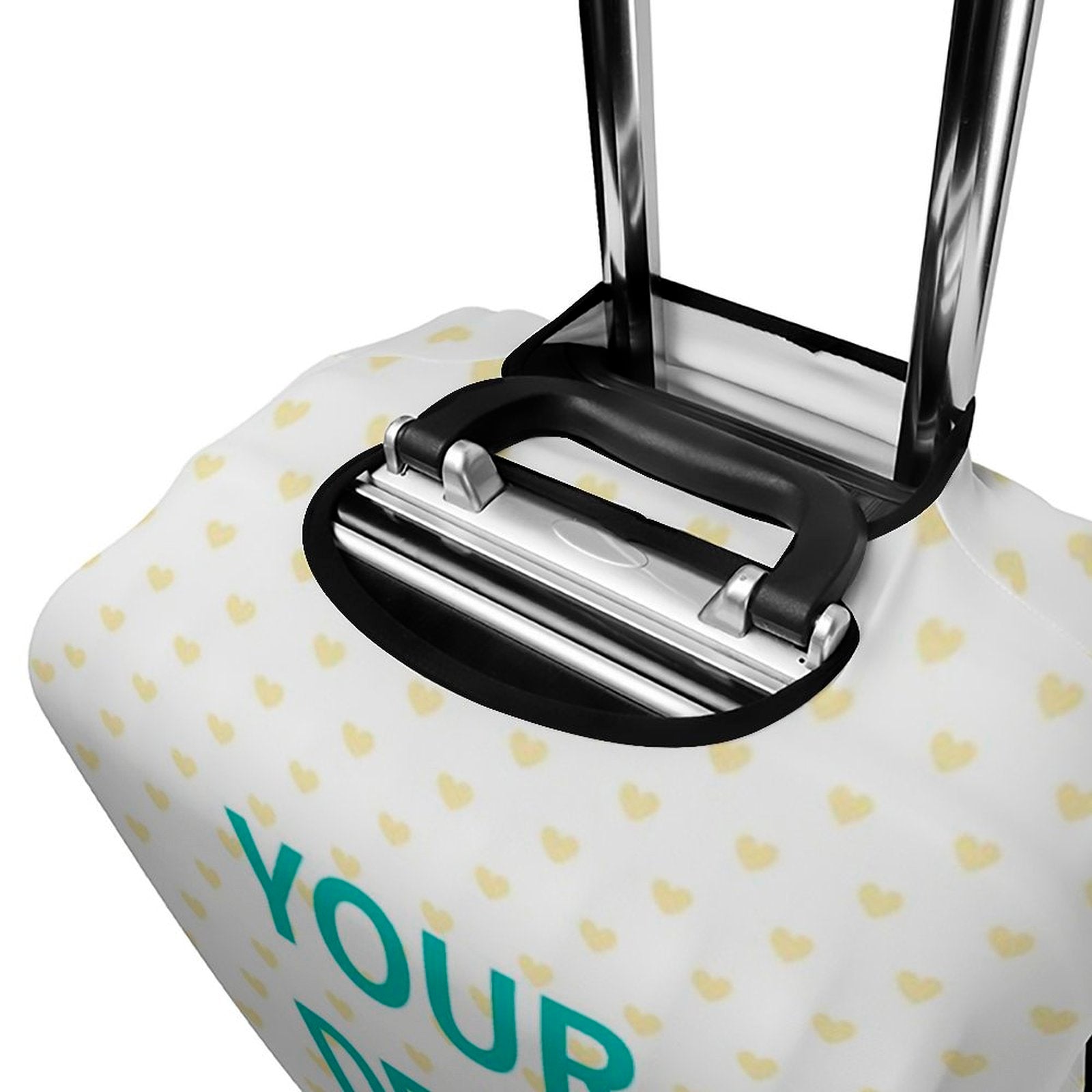 Customizable luggage cover, white with yellow hearts pattern, 'YOUR' text, MyArtsyGift, suitcase protector