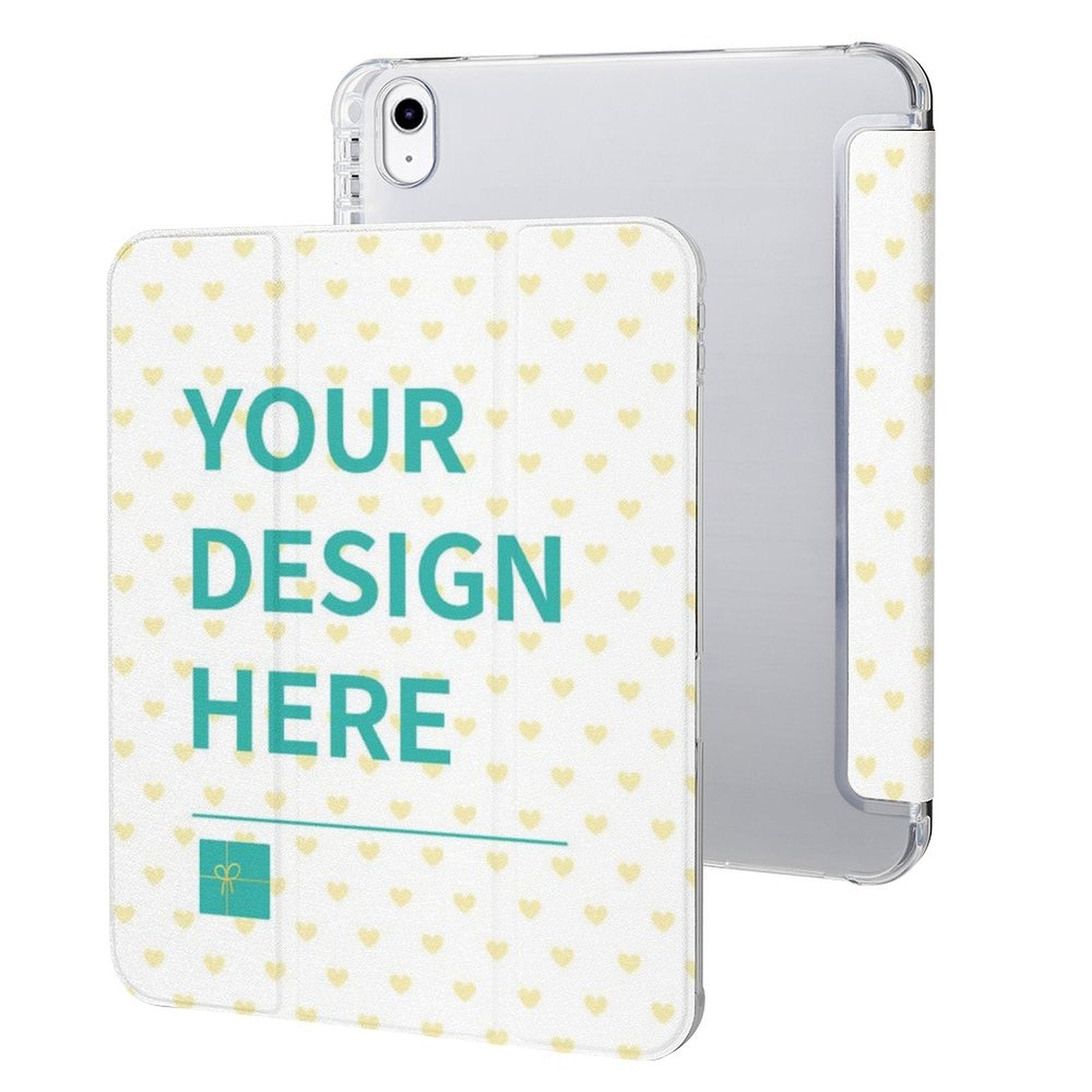 Custom iPad case with 'YOUR DESIGN HERE' text, heart pattern cover, pen slot, and protective features