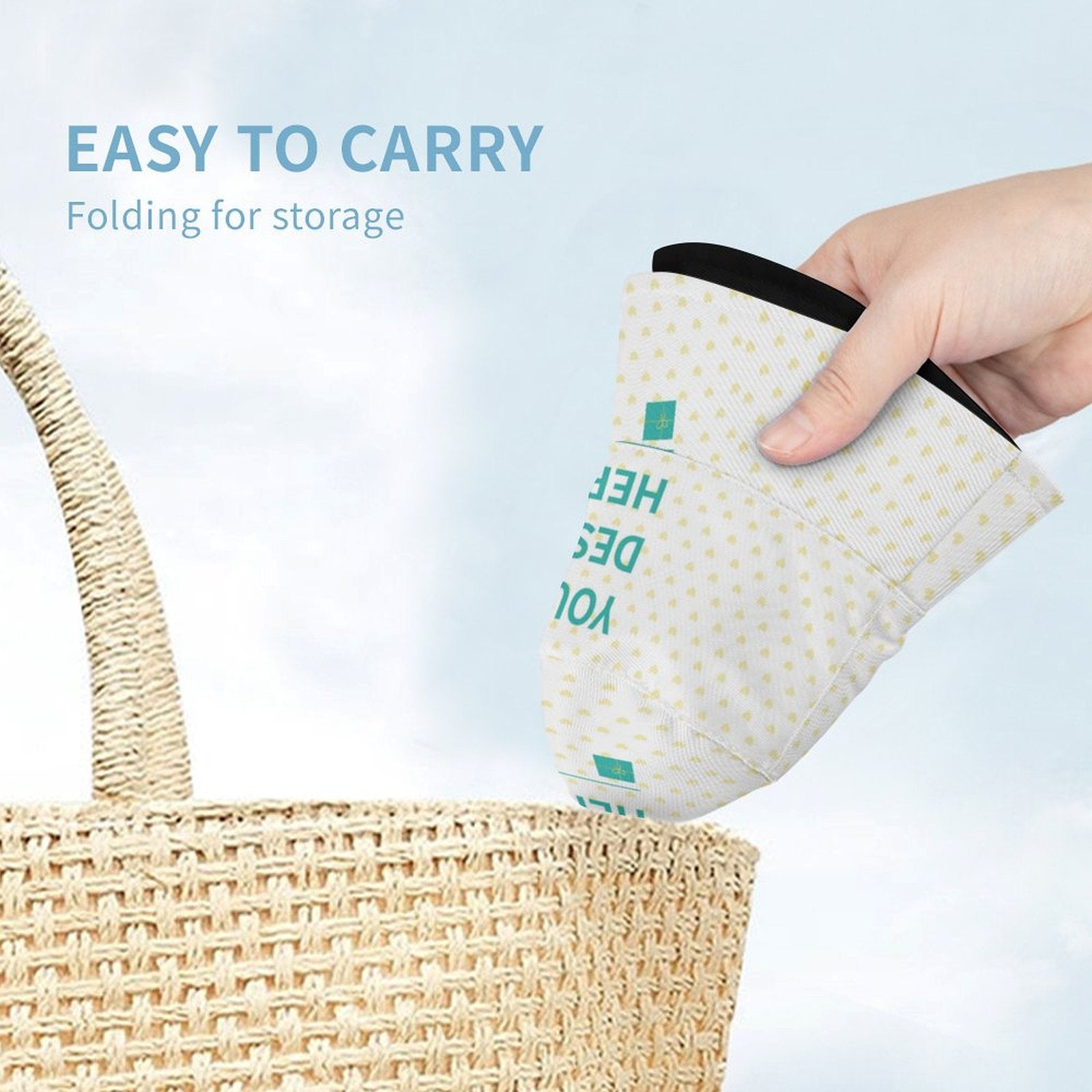 Foldable baby sunhat featuring "YOUR DESIGN HERE" for easy storage and travel from MyArtsyGift.com