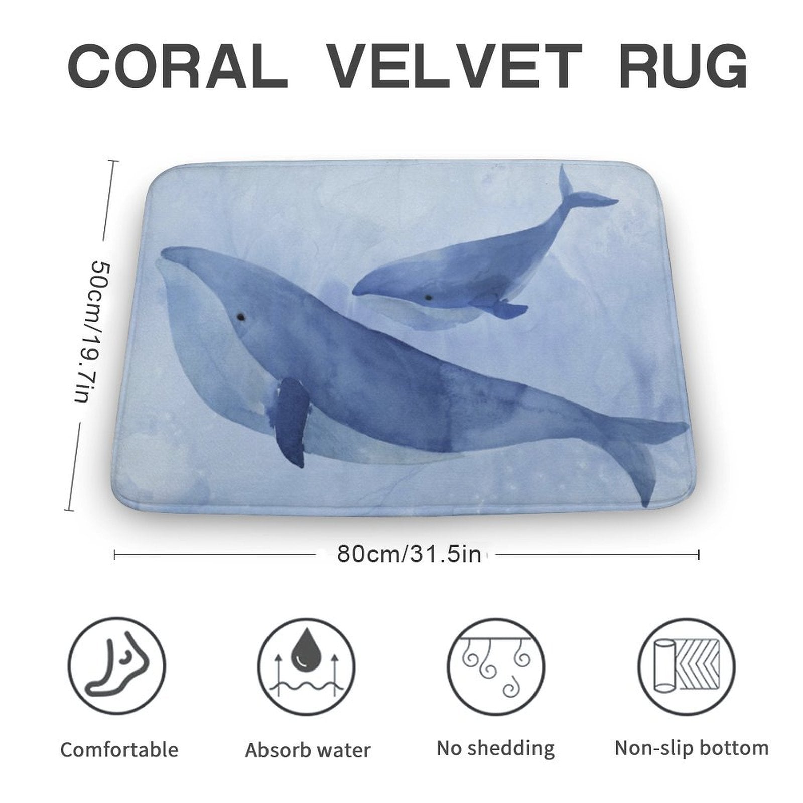 Coral velvet rug with watercolor whale design, non-slip, absorbent, and comfortable for bathroom or kitchen.