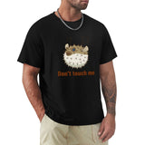 Black men's short sleeve crew neck t-shirt featuring a pufferfish design and the text "Don't touch me".