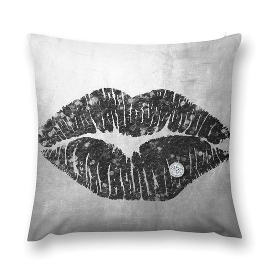 Luxury plush pillow cover with black lips design and diamond accent, for sofa and couch decoration, soft and fluffy.