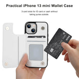 White iPhone 13 mini wallet case with card slots and VISA credit card, PU leather