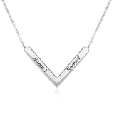 Personalized silver V-shaped bar pendant necklace with engraved names, custom gift for her