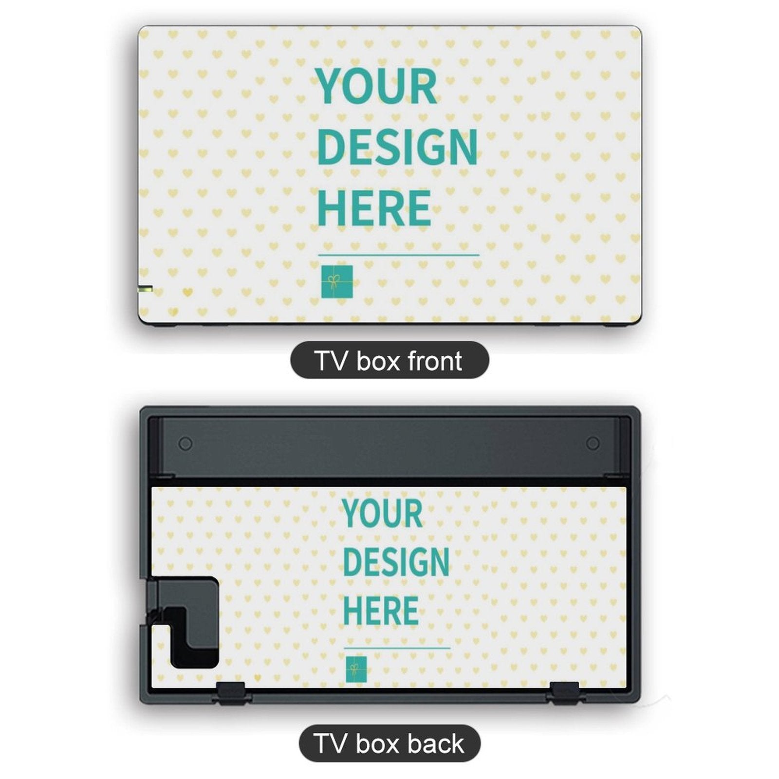 Customizable Nintendo Switch TV box skins with heart pattern and 'YOUR DESIGN HERE' text, personalized cover