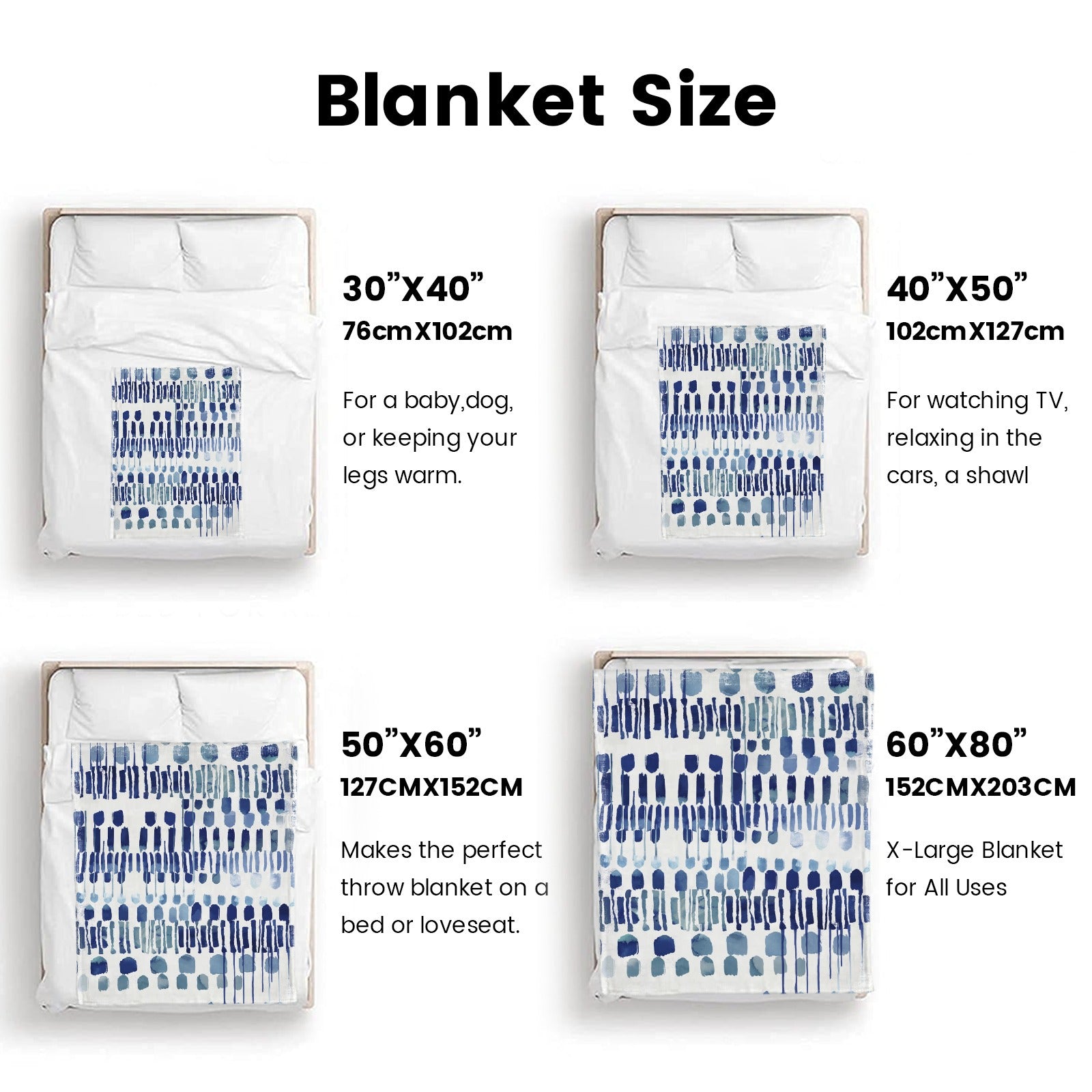 Modern blue abstract flannel blanket size guide. Includes 30x40, 40x50, 50x60, and 60x80 sizes.