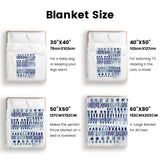 Modern blue abstract flannel blanket size guide. Includes 30x40, 40x50, 50x60, and 60x80 sizes.