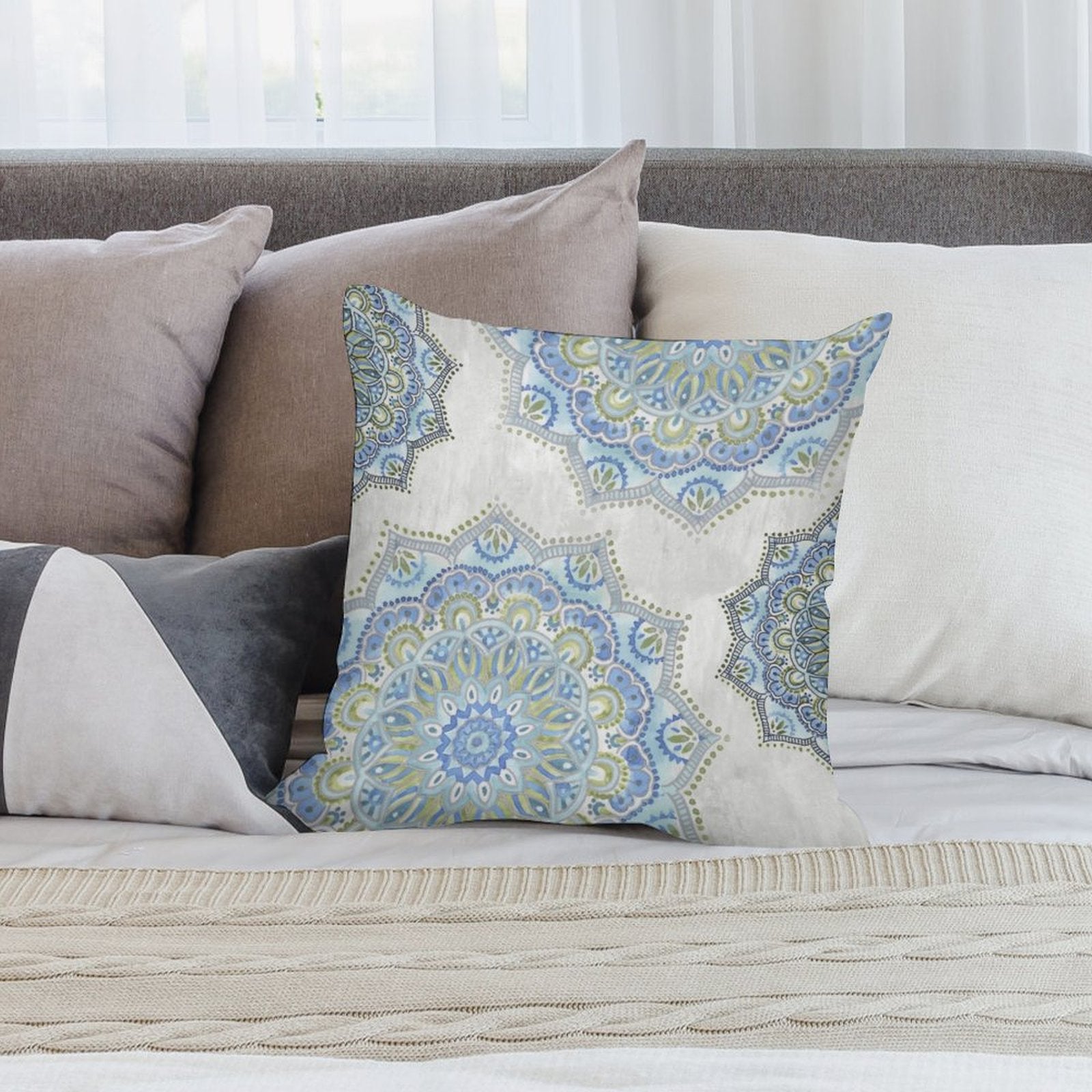 Blue and green mandala plush throw pillow cover, soft short plush, decorative for sofa, couch and living room.