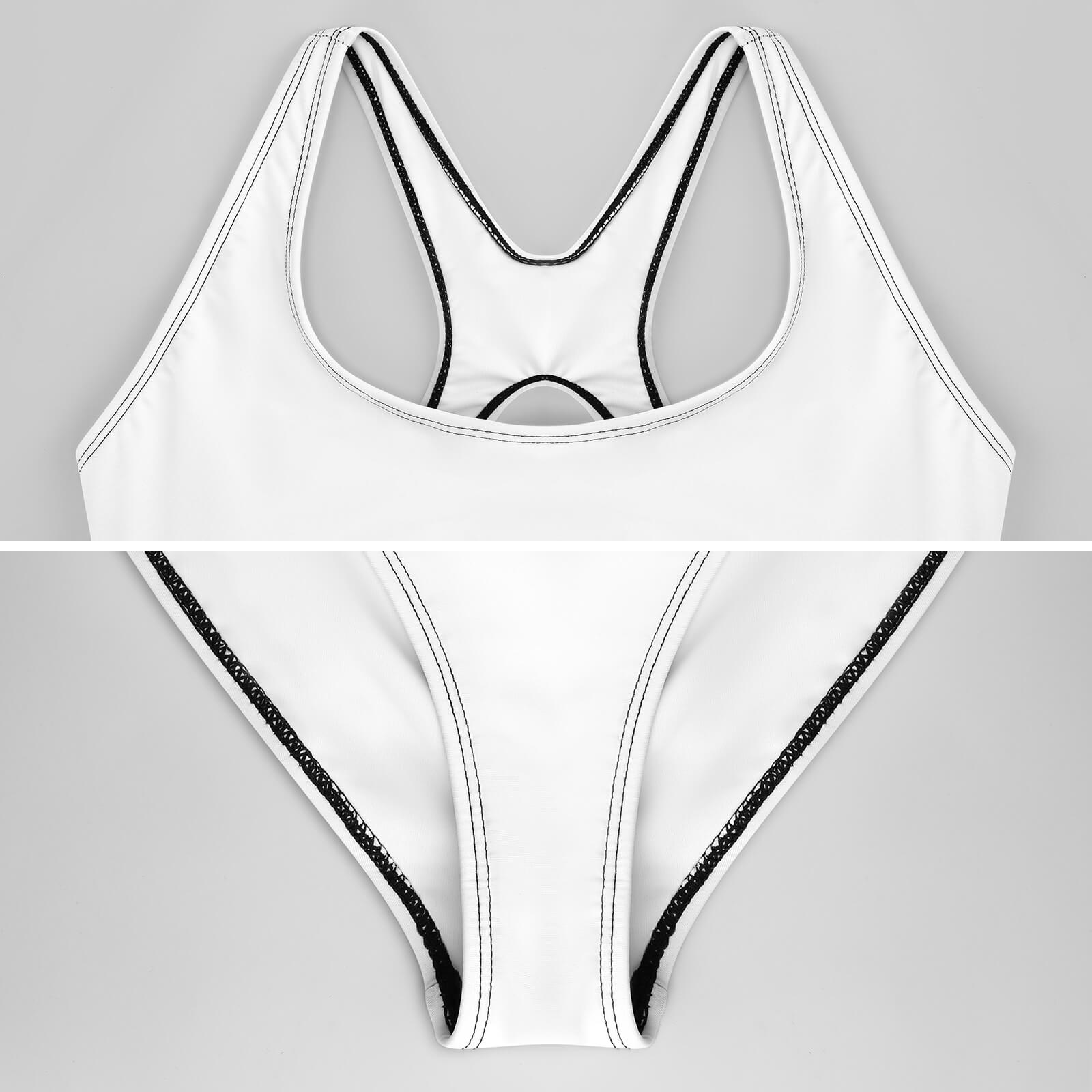 White one-piece swimsuit with black stitching, MyArtsyGift swimwear, beach and summer wear